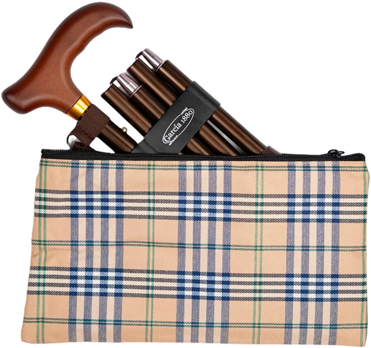 Garcia 1880 Opvouwbare wandelstok - Incl. polsbandje en opbergtas - Brons - Verstelbaar van 84 tot 92 cm - Aluminium - Derby handvat - Wandelstok vrouwen en mannen - Met wandelstok clip