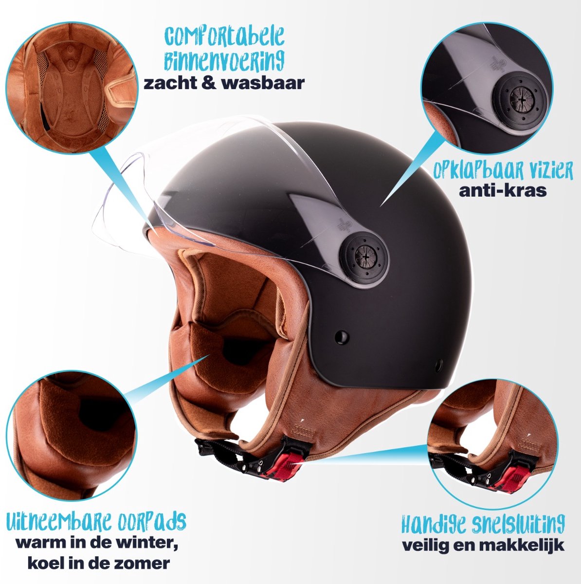 VINZ Duoro Elite Jethelm - Scooterhelm, Motorhelm, Brommerhelm - Luxe Bruine Binnenvoering - ECE Goedgekeurd - Mat Zwart - M – foto 2