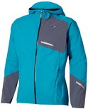 Blauwe Mizuno jas met capuchon, donkergrijs op de linkerborst, mouwen en zijkanten.