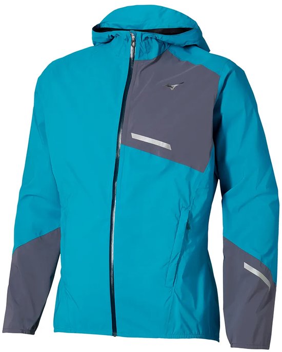 Blauwe Mizuno jas met capuchon, donkergrijs op de linkerborst, mouwen en zijkanten.
