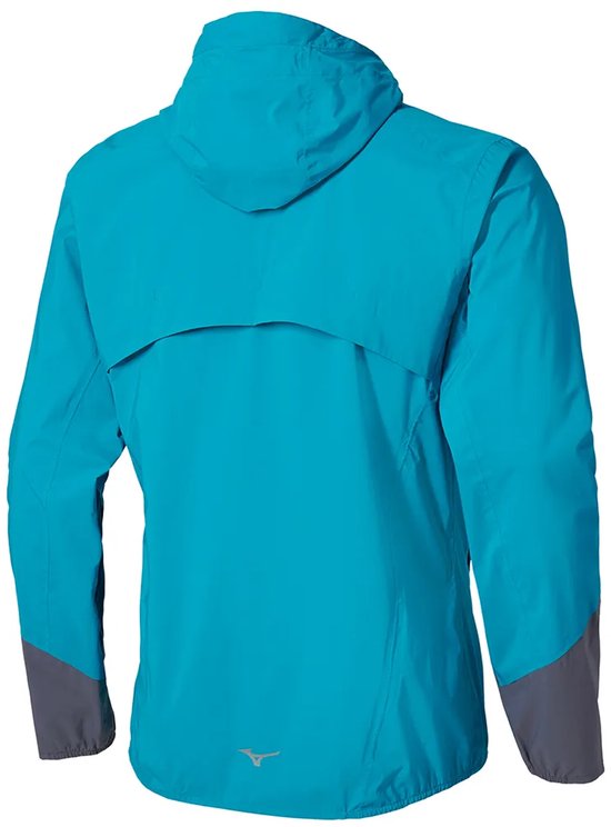 Blauwe Mizuno jas met capuchon, donkergrijs op de onderarmen en achterkant.