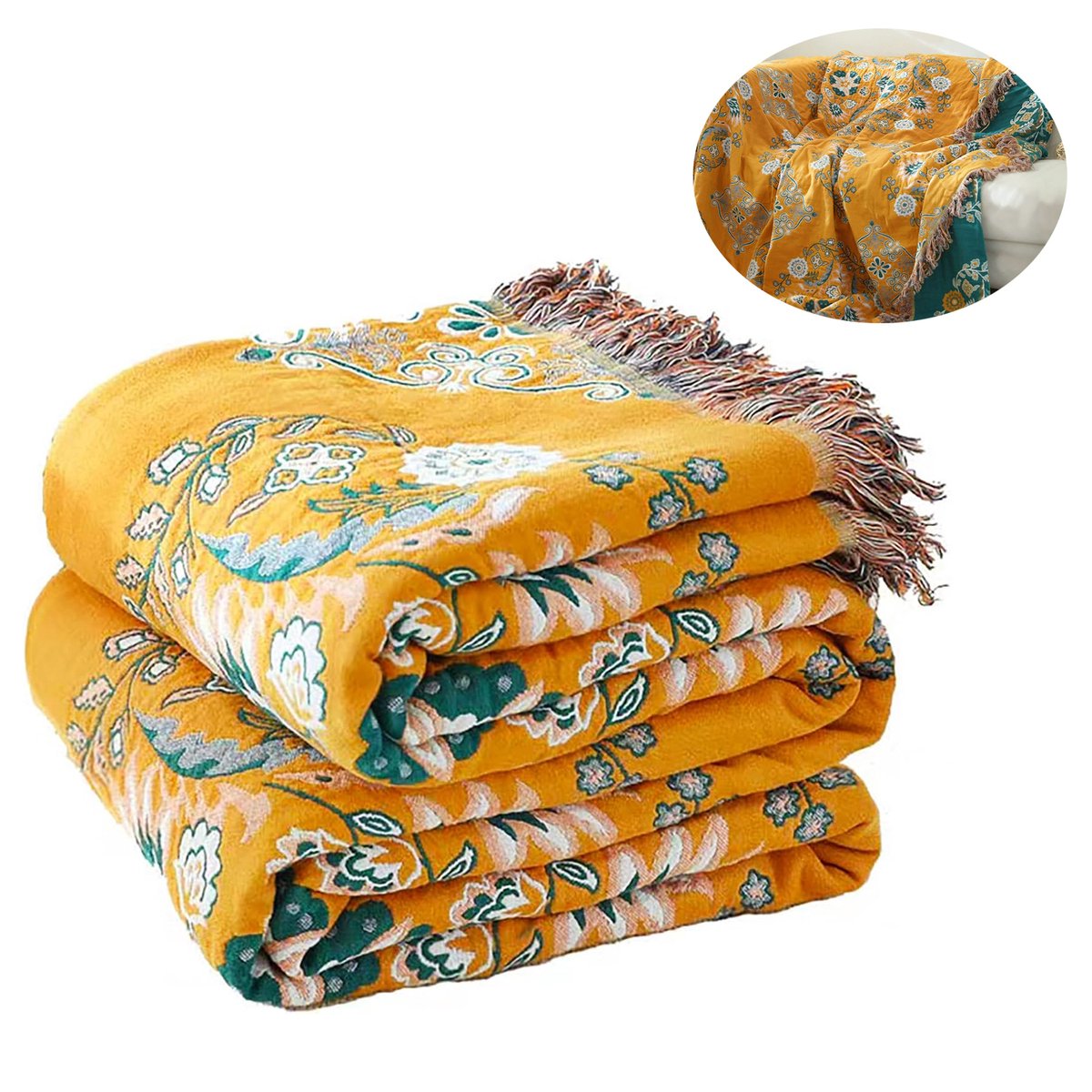 KZQ 100% Katoen Deken Boho Ultra Zacht, Omkeerbare Deken met Dubbelzijdige Vogel en Bloem Borduurwerk, 150 x 200 cm Ademend All Seasons Dekbed voor Bank Bed, Sprei met Franjes, Lichtgewicht Decoratie Hondenkussen Stijl 3
