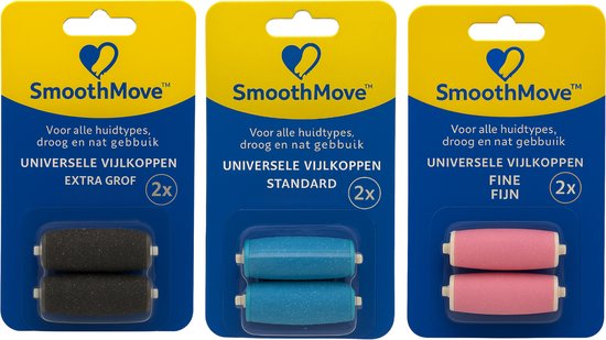 Drie verpakkingen SmoothMove universele vijlkoppen: extra grof (zwart), standaard (blauw) en fijn (roze). Elk met 2 stuks.