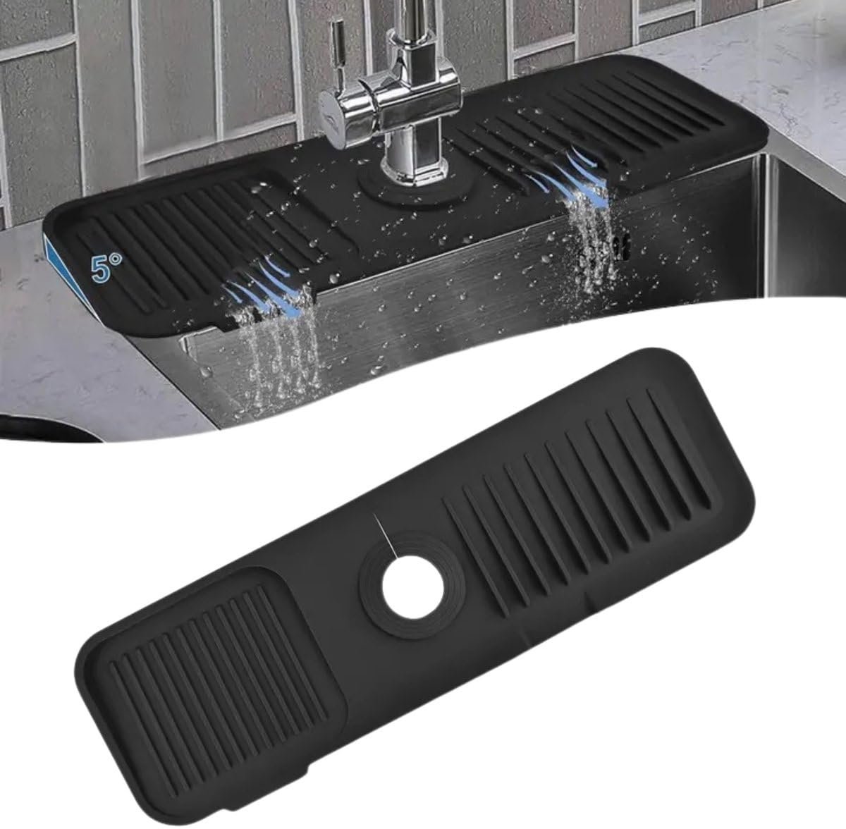 Okado Siliconen Kraanmat 45x14 cm Zwart – Afdruipmat met 5° Afvoer – Antislip Gootsteenmat – Gat Op Maat Te Snijden – Keuken & Badkamer