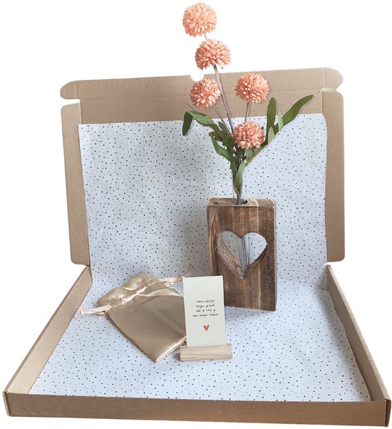 Brievenbus cadeau | Bloemenvaasje met kunstbloem & leuke kaartjes met houder