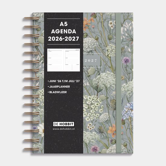 Hobbit - A5 Agenda 2026-2027 - 1 week op 2 pagina's - Harde Kaft - Ringband Agenda A5 (14,8 x 21 cm) - Weidebloemen