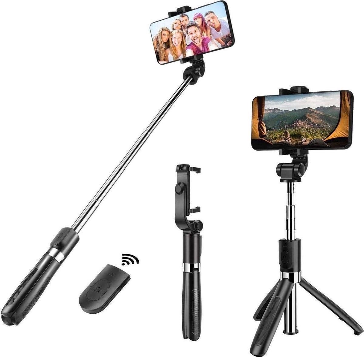 Okado 3-in-1 Selfiestick Tripod Zwart – Mini Statief & Selfie Stick met Bluetooth Afstandsbediening – 360° Draaibaar – Tot 60 cm – Voor Smartphones 3,6–6 Inch