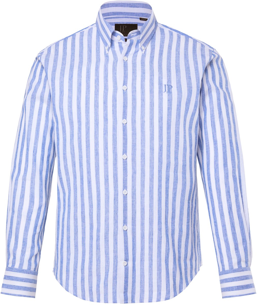 JP 1880 - Heren - Gestreept overhemd lange mouwen linnenmix buttondown kraag - Denim blauw - Maat 7XL