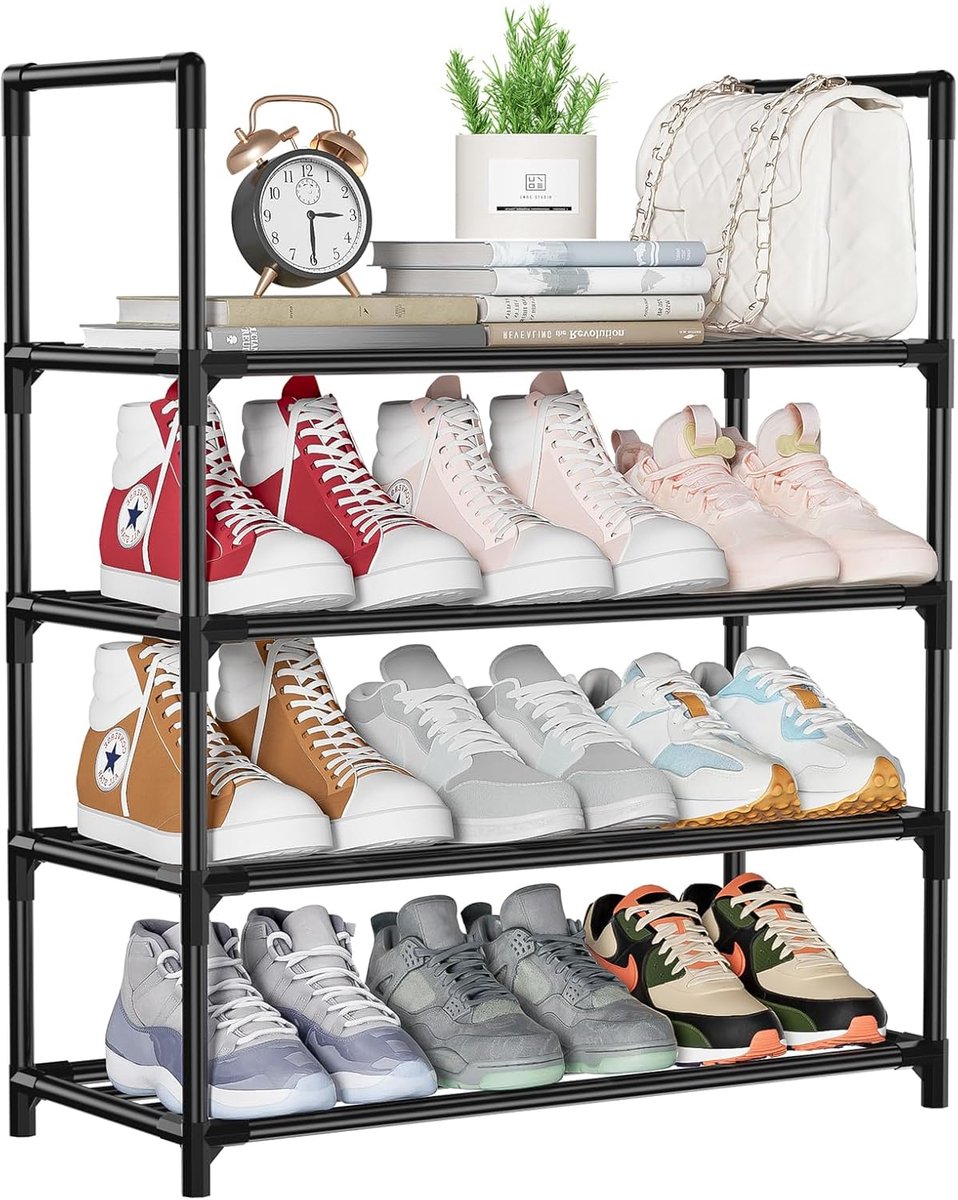 Imperatoris - Schoenenkastje - Schoenenrek - 60 x 25.5 x 72 cm - Schoenenkast - Schoenenplank - 4 Verstelbare Lagen - Opbergen van Schoenen - ‎‎‎Voor 12 Paar Schoenen - Metaal - zwart
