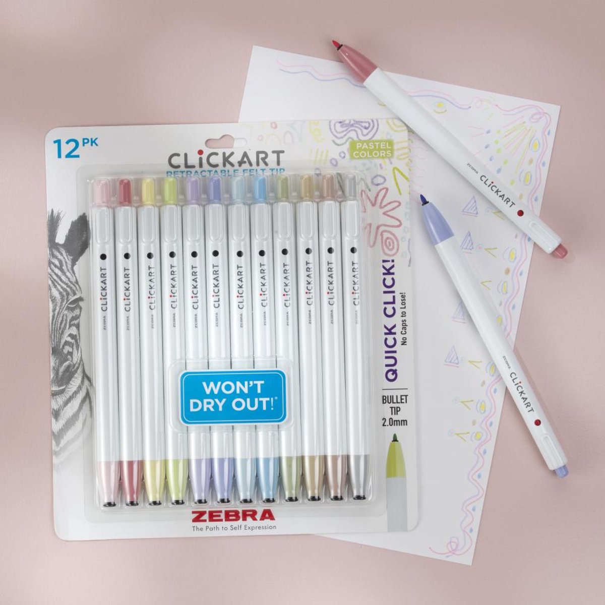 Zebra - pen - ClickArt Retractable vilt punt marker 0.6mm - 12 stuks - pastelkleuren - 69612