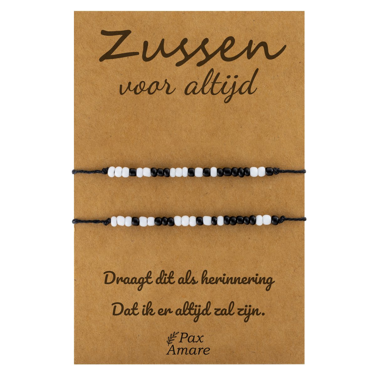 Vriendschapsarmbandjes voor 2 "Zussen voor altijd" - Morse Code "ILY" - BFF Armbandjes met Cadeau Kaartje - Zwart/Wit - Elastisch Verstelbaar - Pax Amare