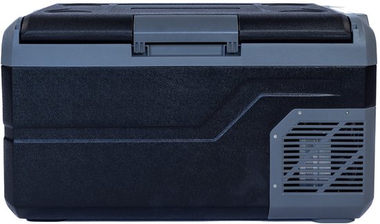 Zwarte en grijze 26L koelbox met een gesloten deksel en ventilatie aan de zijkant.