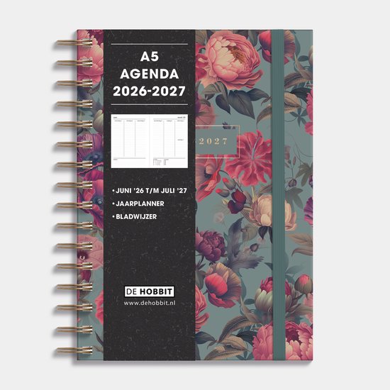 Hobbit - A5 Agenda 2026-2027 - 1 week op 2 pagina's - Harde Kaft - Ringband Agenda A5 (14,8 x 21 cm) - Klassieke Rozen