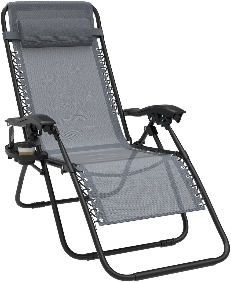 Froadp 2 Stuks Lichtgrijs inklapbare ligstoel met verstelbare rugleuning & hoofdeinde – Zonneligbed Tuinligbed & Campingslaapbank – Incl. Houder – Voor Balkon, Terras & Outdoor