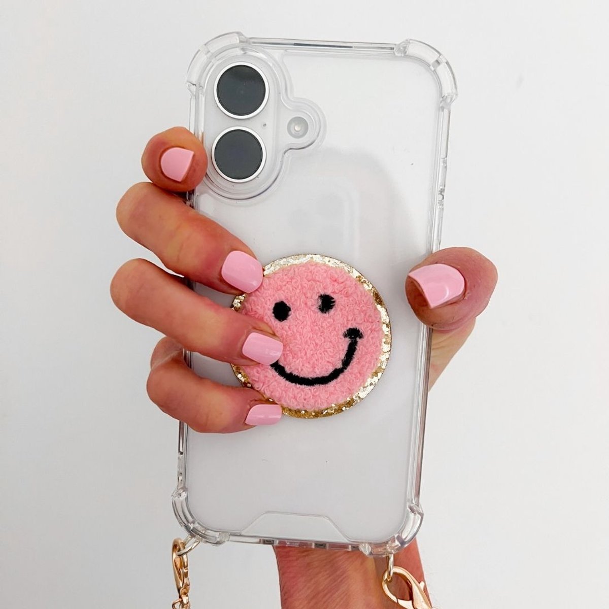 Roze Smiley Patch – Zelfklevend voor telefoonhoesje, laptop & meer - Telefoonhoesje pimpen