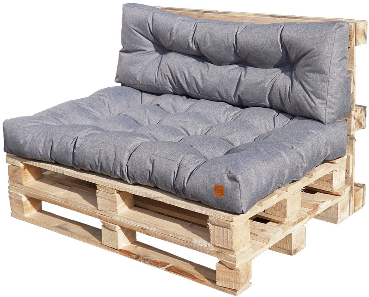 Blomster – Palletkussens set van 2 – Tuinkussens voor palletbank – Zitkussen 120x80x14 cm en Rugkussen 120x40x14 cm – Lichtgrijs