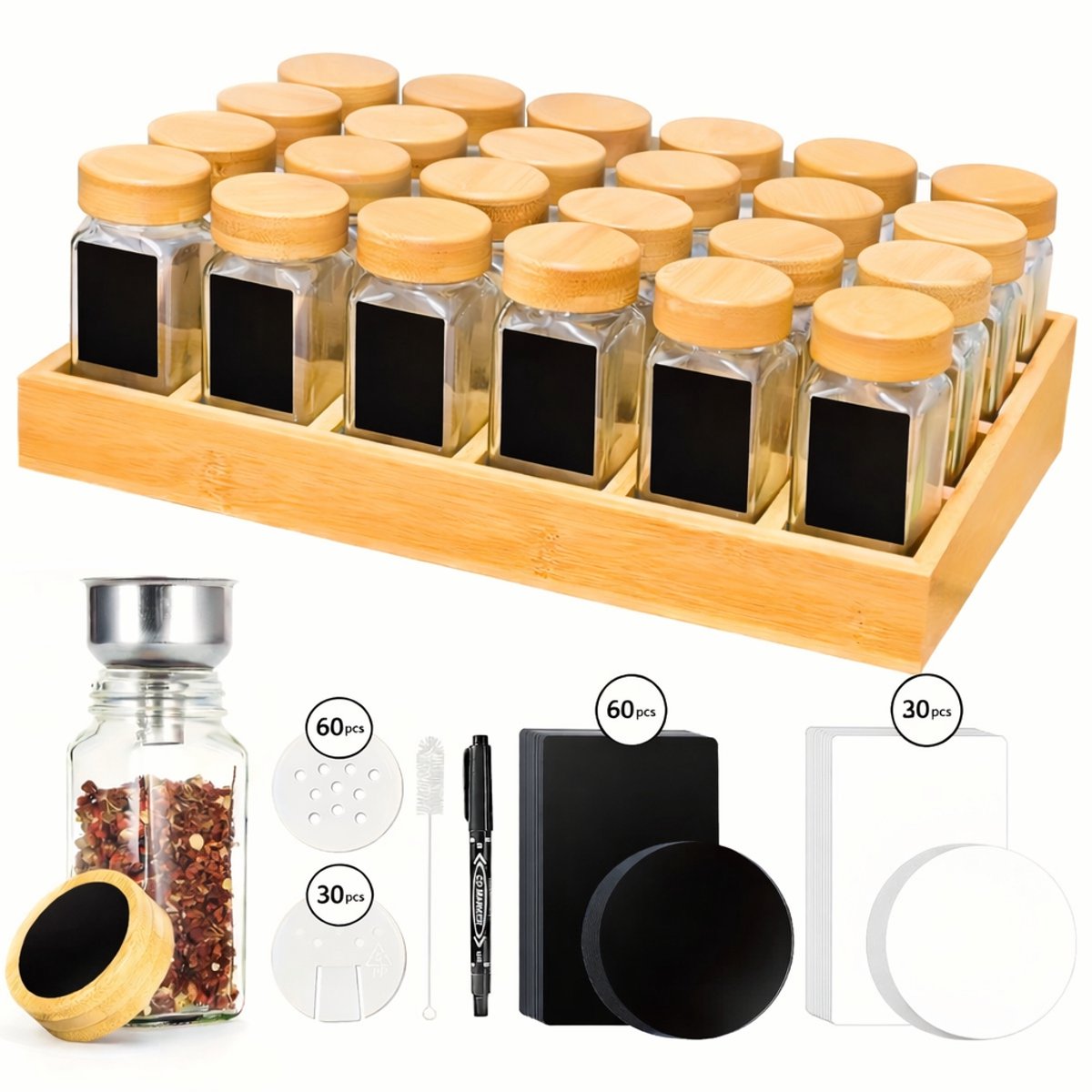 Kruidenrek met Glazen Potten, 120ml Deksel Kruidenpot, 24 Glazen Kruidenpotten, met Etiketten, Kruidenopslagrek, voor Keuken en Lades