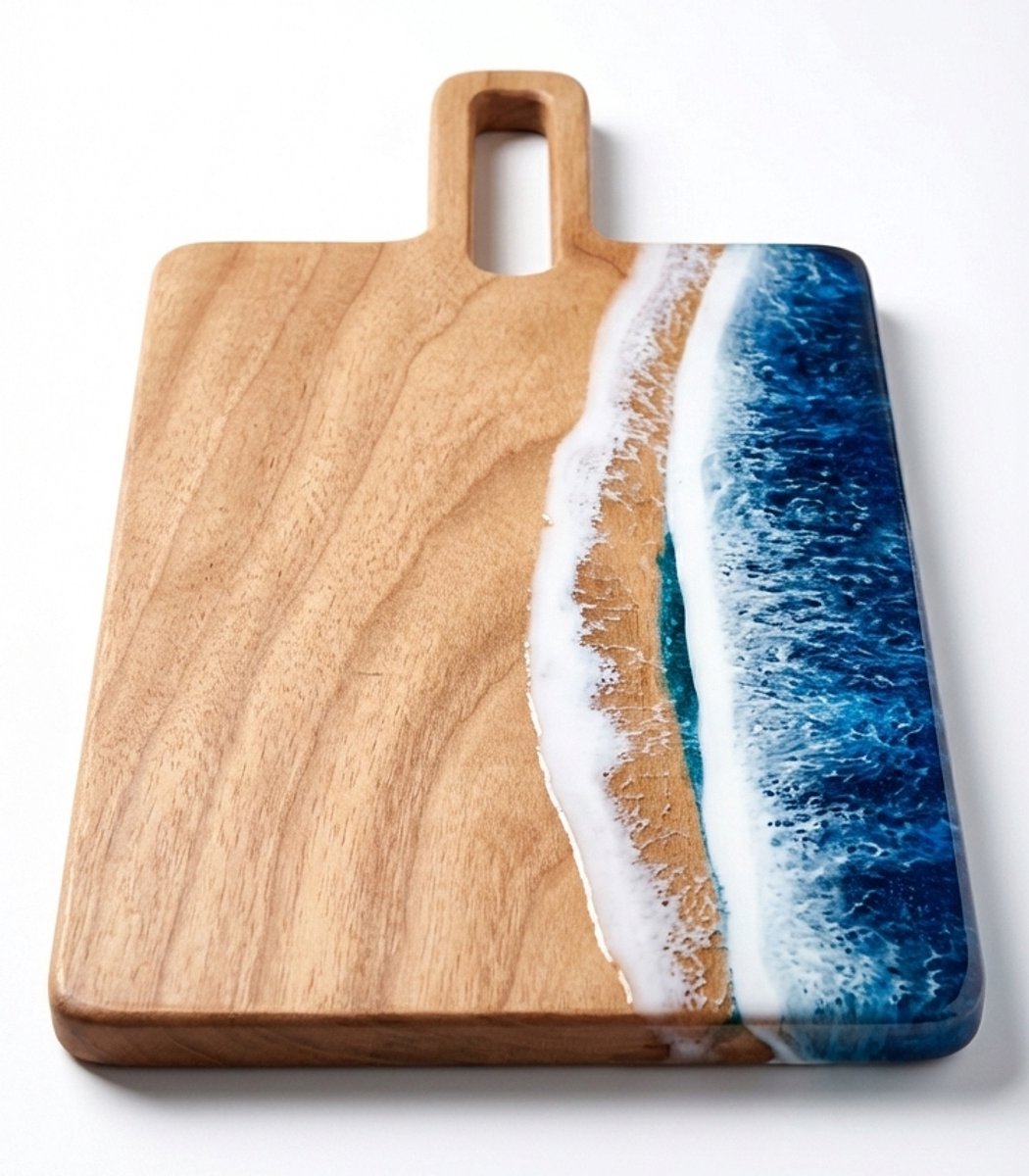 De Groen Home Snijplank van Massief Walnotenhout - Handgemaakt ocean-design met epoxy - Met rechte handgreep