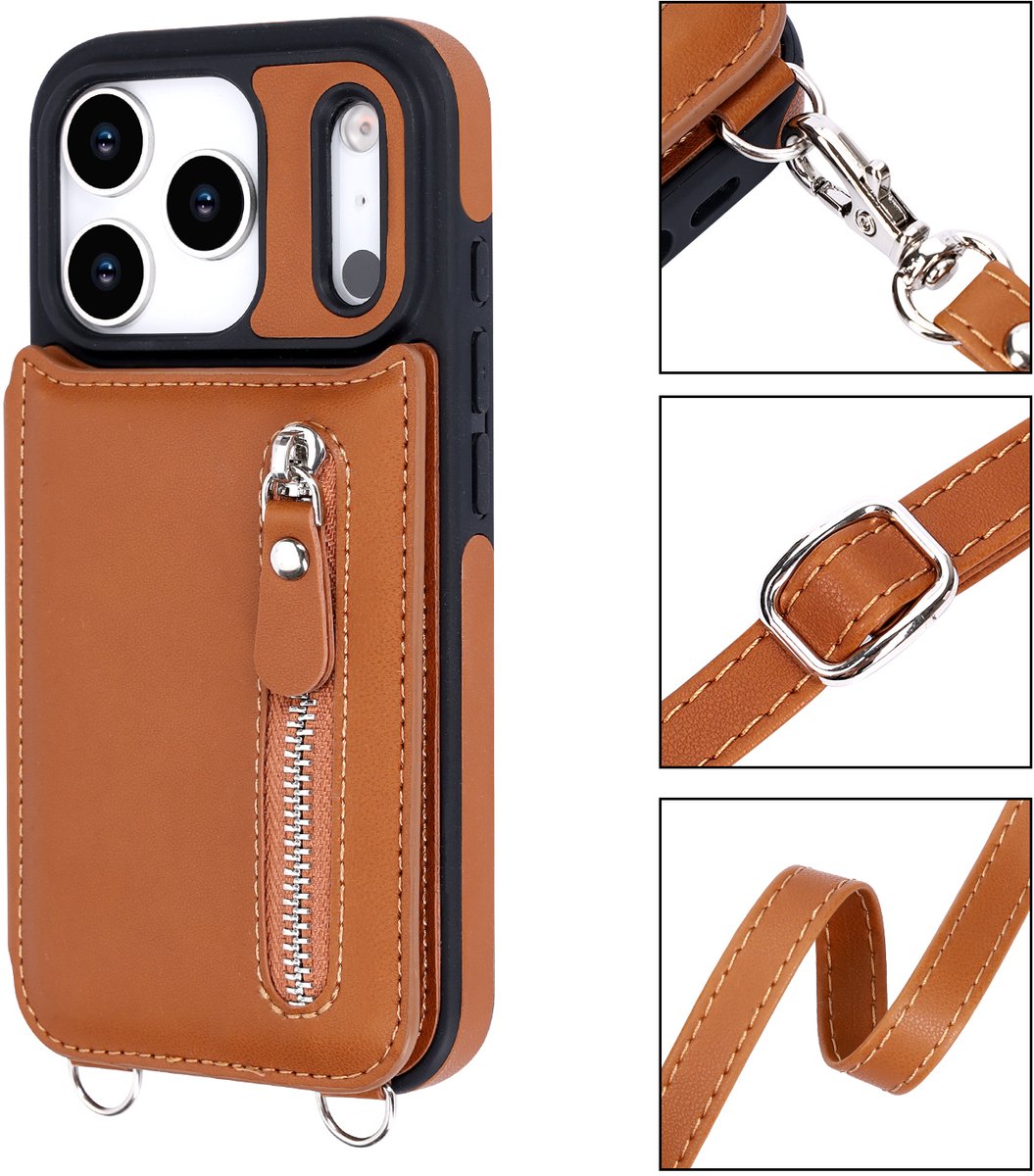 Casemania Hoesje Geschikt voor Apple iPhone 17 Pro - Bruin - Luxe Back Cover met Koord en Rits - Wallet Case met Pasjeshouder - Lanyard Telefoonhoes - Cord Case