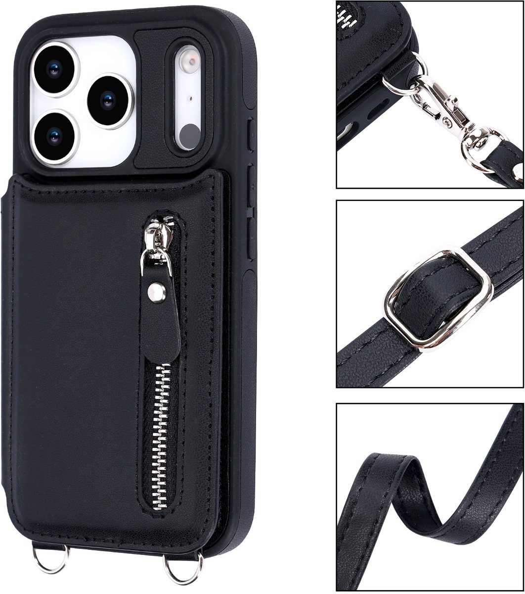Casemania Hoesje Geschikt voor Apple iPhone 17 Pro Max - Zwart - Luxe Back Cover met Koord en Rits - Wallet Case met Pasjeshouder - Lanyard Telefoonhoes - Cord Case
