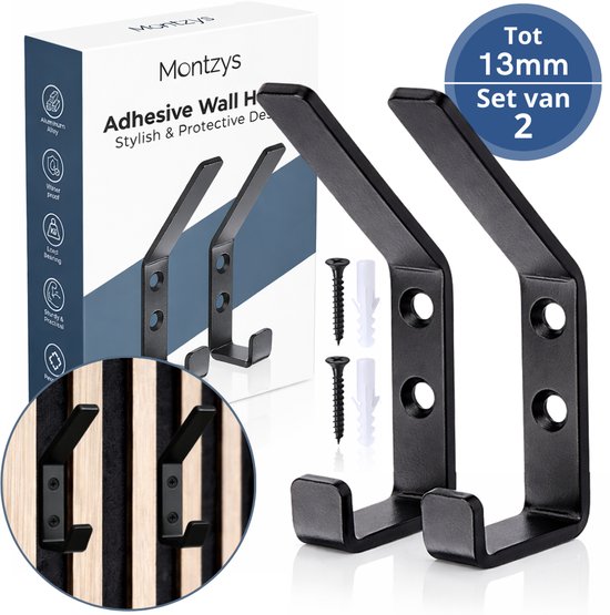 Montzys® Wandpaneelhaken 2 Stuks - Tot 13mm - Kapstokhaak voor Akoestisch Wandpaneel - Akoestische Panelen - Kapstok Haak met Schroefmontage