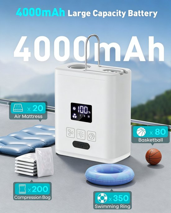 Elektrische luchtpomp - Draagbare elektrische luchtpomp - 4000 mAh - Met verlichting - Voor opblaasbaar zwembad drijvende luchtmatras zwemring vacuüm opbergzak - Buitenkampeerluchtpomp - Opblazen en leeglopen - Wit van Merkloos — afbeelding 2