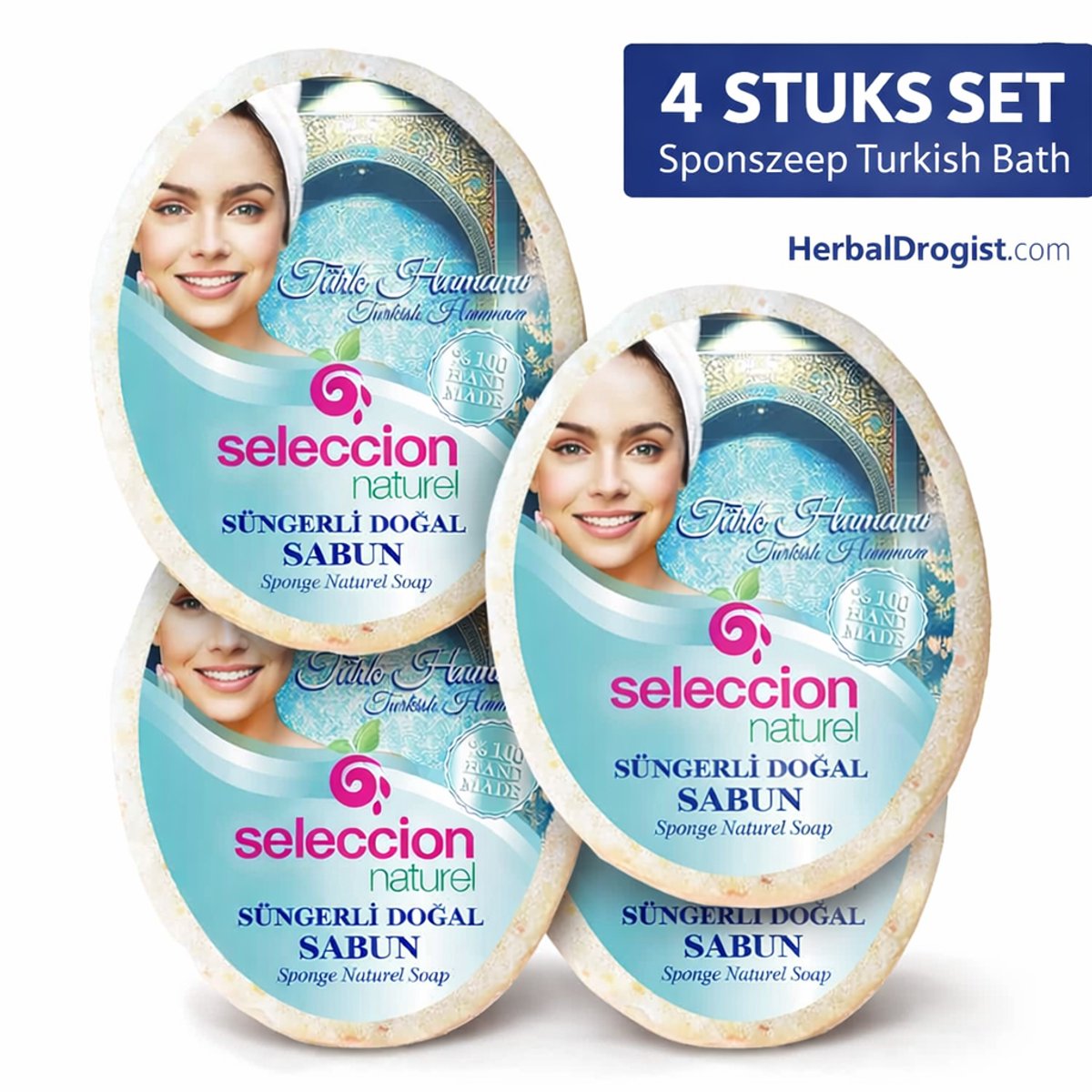 Seleccion Naturel Sponszeep Turkish Bath 4 x 150 g – Hammam Sponszeep met Traditionele Turkse Geur – Diep Reinigend en Verfrissend