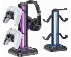 Elkuaie Headsetstandaard - Gamepadhouder - 360° Draaibaar Met Verlichting - 1 Stuk - Zwart