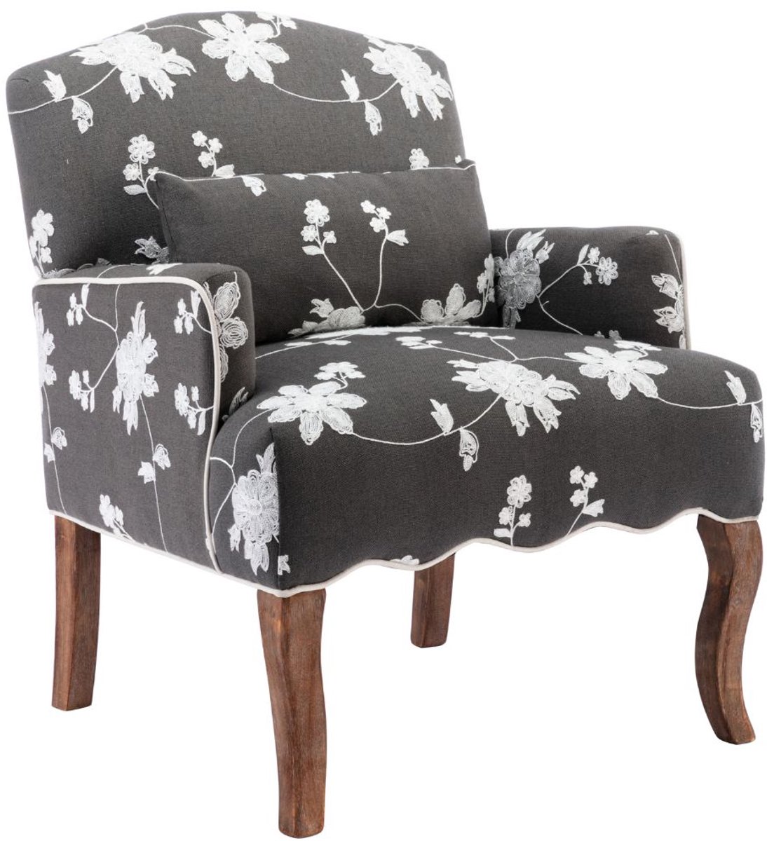 chairus Leunstoel - Zwart - Linnen - Gedrukt Retro Motief - Met Armleuningen en Rugleuning - Gestoffeerde Loungestoel - Met Houten Poten - Voor Slaapkamer en Woonkamer