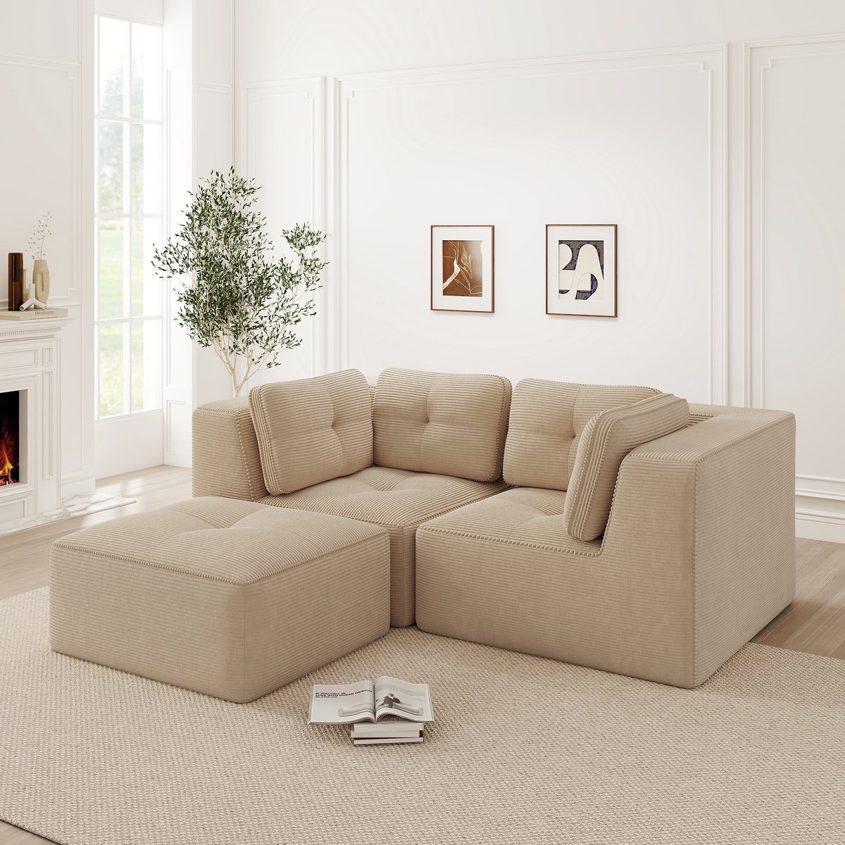 OKWISH Hoekbank 2-Zits - Modulair L-Vormig Met Verplaatsbare Hocker - Frameloos En Zacht -