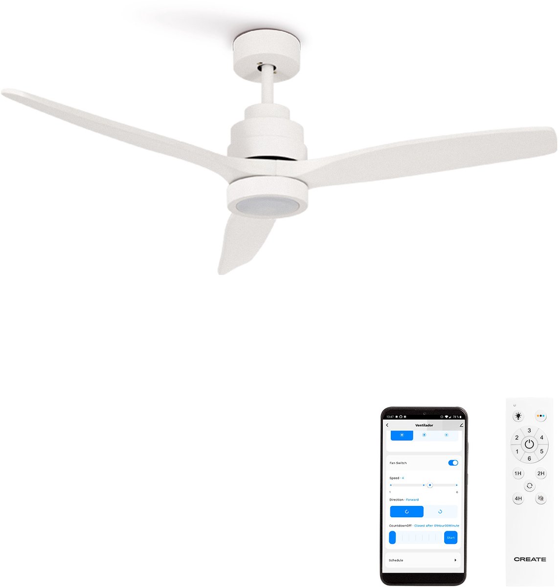 CREATE - Stille plafondventilator van 40 W met technische ABS-bladen, verkrijgbaar in verschillende maten - M - Met licht - WIFI - WIND STYLANCE