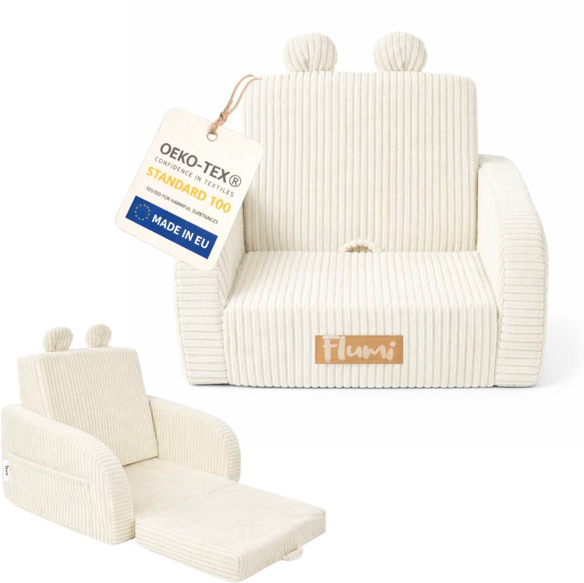 Flumi - 2 in 1 Uitschuifbare Kinderfauteuil - Schuimconstructie - Afneembare Wasbare Hoes - Corduroy Stof - Met Zijvakken - Lichtcrème