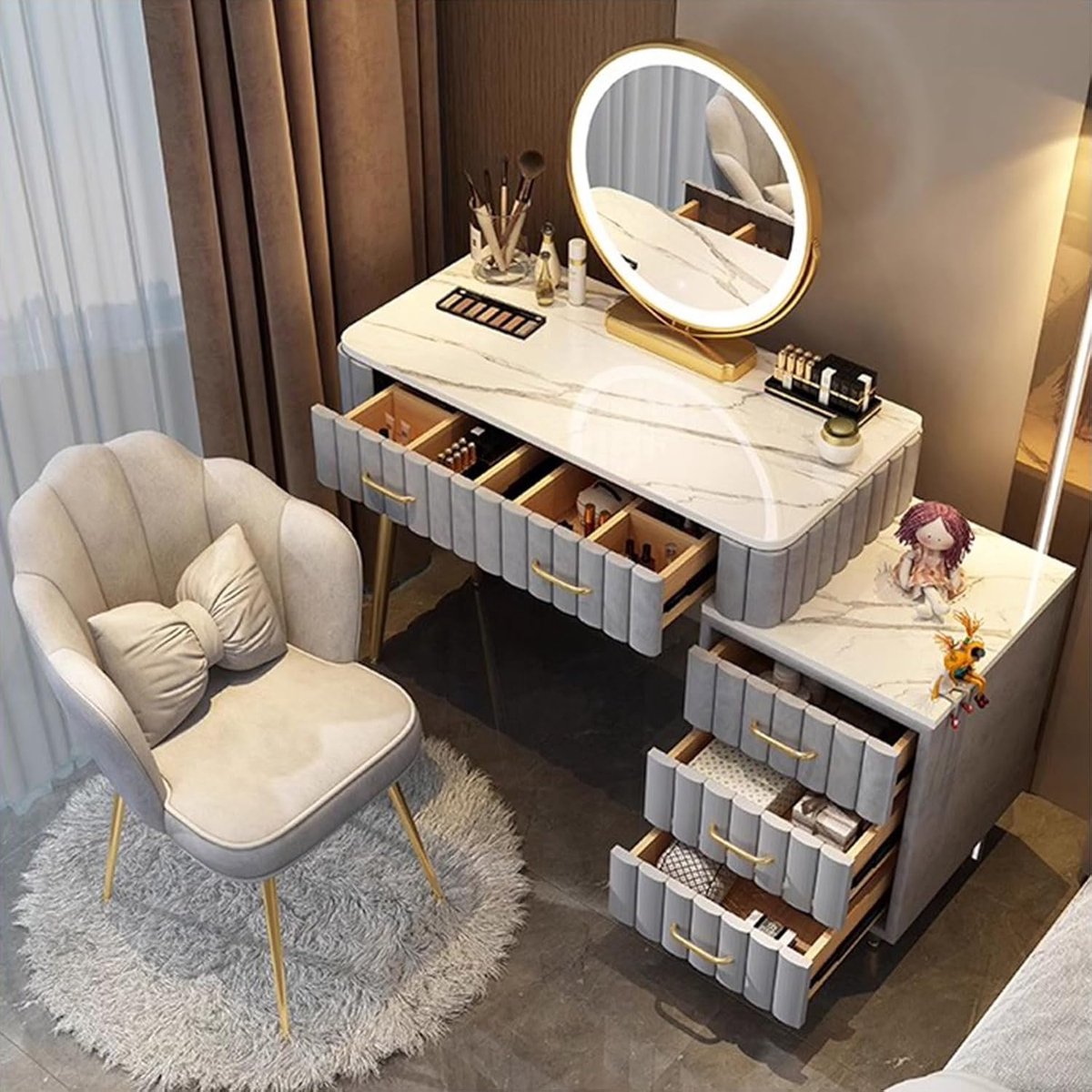 Kaptafel met Spiegel en Fluwelen Kruk 80x40x76 cm – Luxe Make-uptafel met Granieten Tafelblad, 5 Laden en Opbergkast – Moderne Kaptafel voor Slaapkamer of Dressing Room – Grau – Bellavero