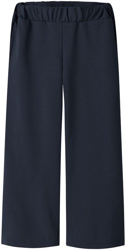 Donkerblauwe broek met wijde pijpen en een elastische tailleband. Zonder sluiting.