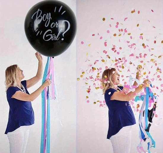5 delige Gender Reveal Ballon - 2 balonnen - meisje of jongen - Boy or Girl - Zwarte Ballon met Roze & Blauwe Confetti - Babyshower Verrassing — afbeelding 3