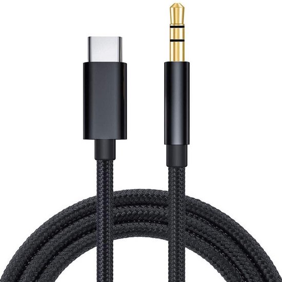 JUALL USB C naar AUX Kabel - USB-C naar 3.5 mm Jack - Audio Kabel Auto - AUX naar USB C - 1 Meter - Zwart Gevlochten