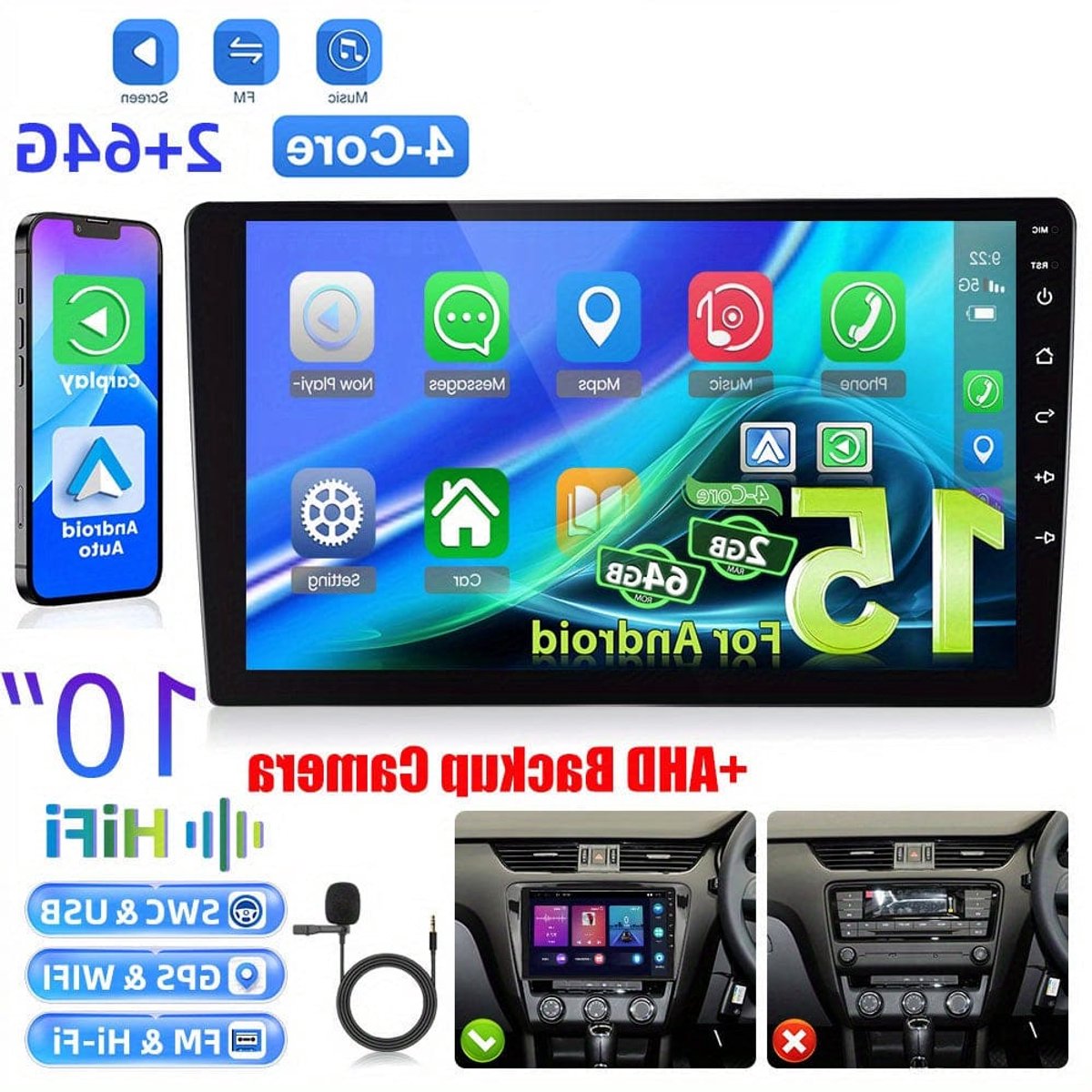 Double Din Android Car Stereo – Autoradio – Multimedia Systeem – Inbouwradio – Navigatiesysteem – 10 Inch Touchscreen – Draadloze CarPlay & Android Auto – AHD Achteruitrijcamera Met Microfoon