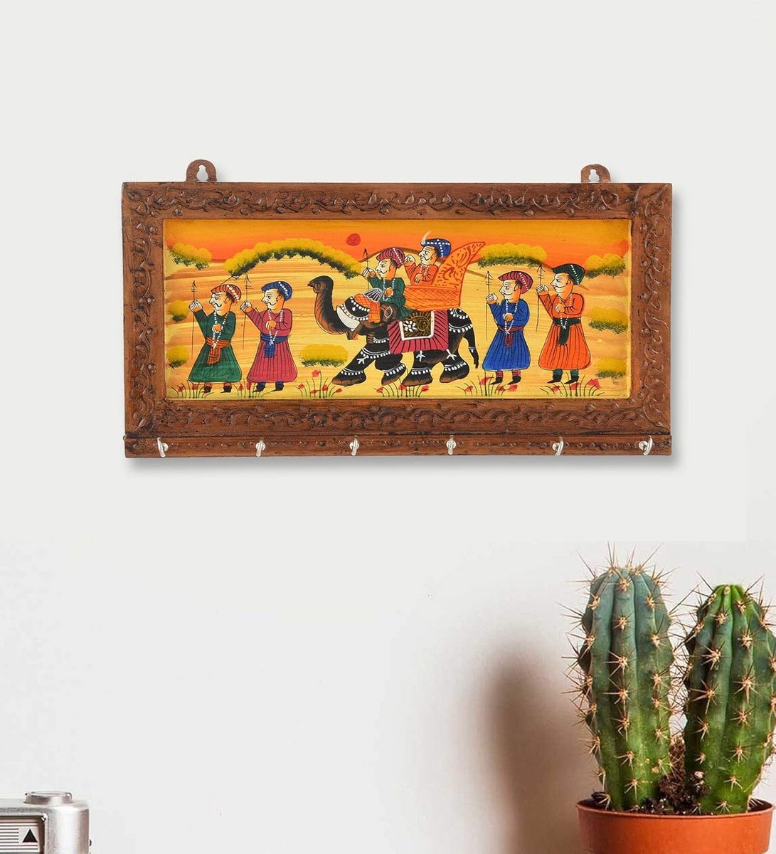 Houten Sleutelhouder met 6 Haken - Handgemaakt Rajasthani Kunstwerk