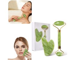 1 set massage tools - Jade massage roller – Gua Sha gezicht plaatje – Handmassager – Huidverzorgingsaccessoires – Applicator voor gezichtsmaskers – Voor massage, vermindering van zwellingen – Lichtgroen