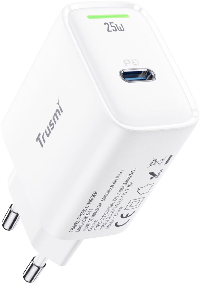 Trusmi | 25W USB‑C Snellader | EU Adapter | 1x USB‑C | Snelle Oplader voor Smartphone en Tablet | Wit