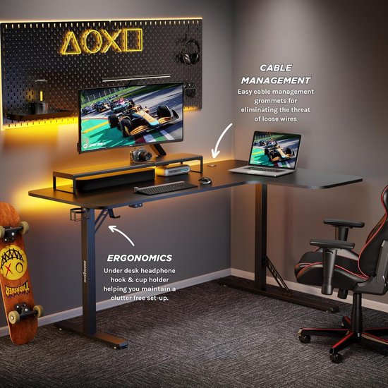 In hoogte Verstelbaar L-vormig Hoek Gaming Bureau 160x100 cm met Kabelbeheer - Zwart — afbeelding 3