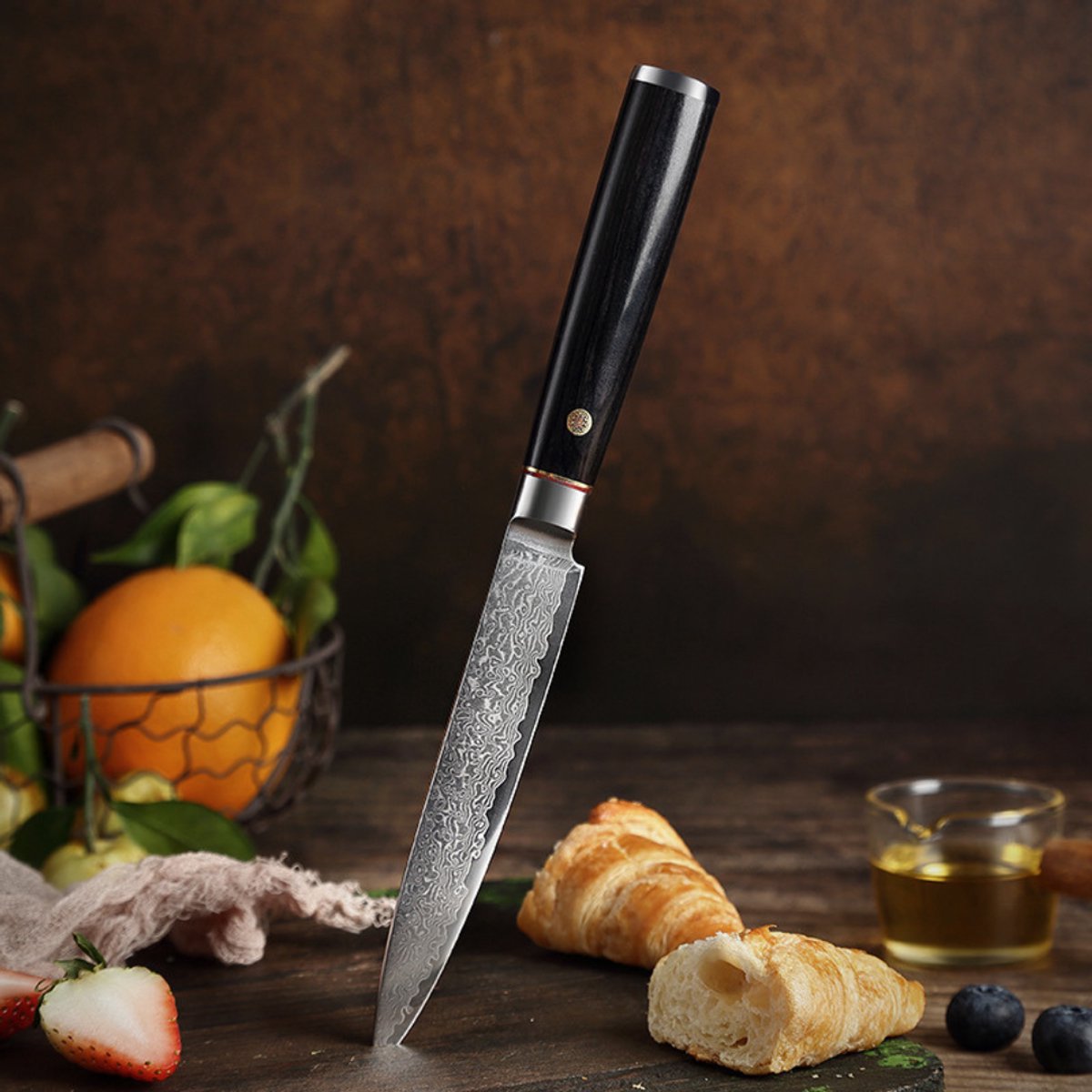 Kaëru® Damascus Universeelmes – Scherp keukenmes – 67-laags VG10 staal – Zwarte Houten Handvat – Japanse stijl – Met luxe geschenkdoos – Voor vlees, groenten en fruit
