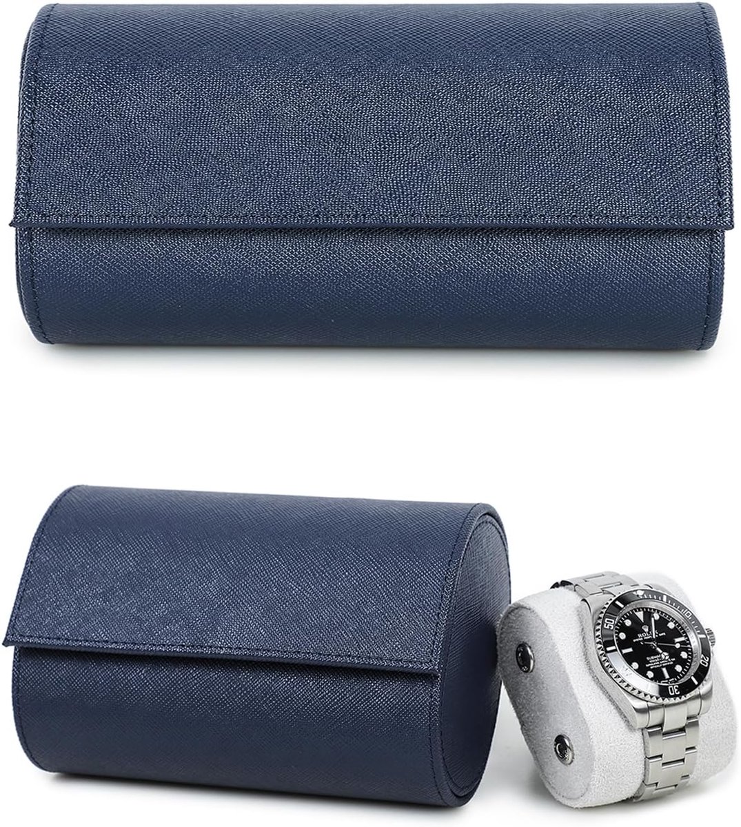 Genuine Leather Storage Case voor 2 Horloges - Handmade Saffiano Leather Travel Watch Portable Case met Verwijderbare Kussens en Snag Mounting Design (Blauw)