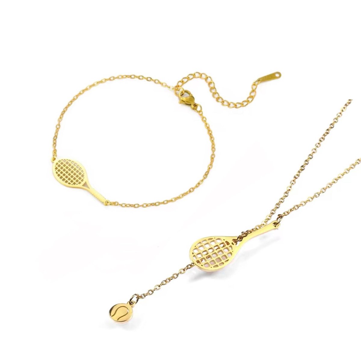 SportPresent® - Sieradenset - Tennis - Padel - Ketting - Armband - Tennisset - Tennisracket - Tennisbal - Game Set Match - Sieradenset - Goud kleur - Hangoorbellen - Sport - Oorbellen Tennis - Sportsieraad