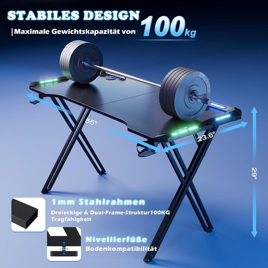 Gametabel 140 cm X-Frame met LED-verlichting, Carbonvezel Effect, Beeldschermhouder, Koptelefoonhaak, Ergonomisch, Zwart van Merkloos — afbeelding 5