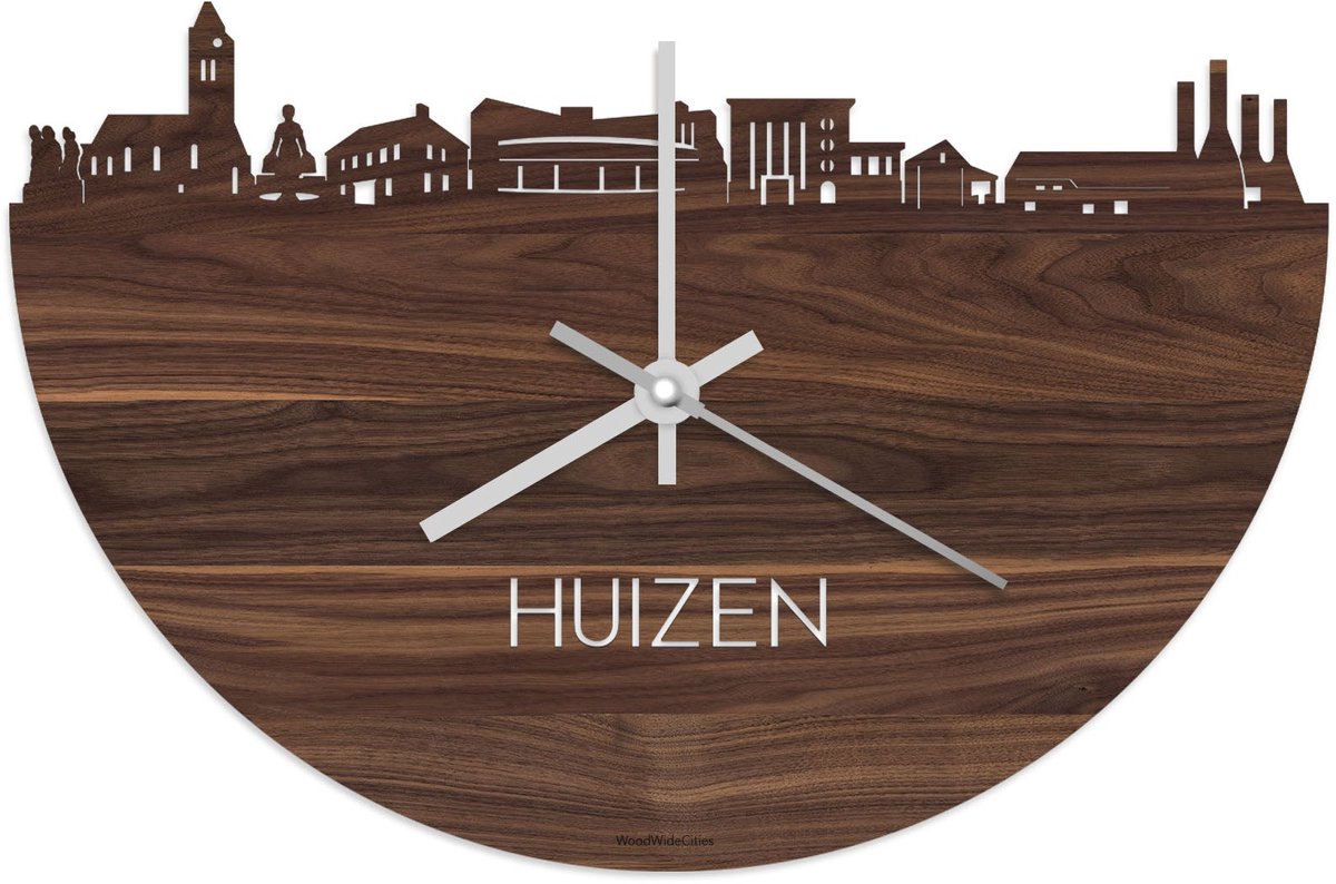 Skyline Klok Huizen Notenhout - Ø 40 cm - Stil uurwerk - Wanddecoratie - Meer steden beschikbaar - Woonkamer idee - Woondecoratie - City Art - Steden kunst - Cadeau voor hem - Cadeau voor haar - Jubileum - Trouwerij - Housewarming - WoodWideCities