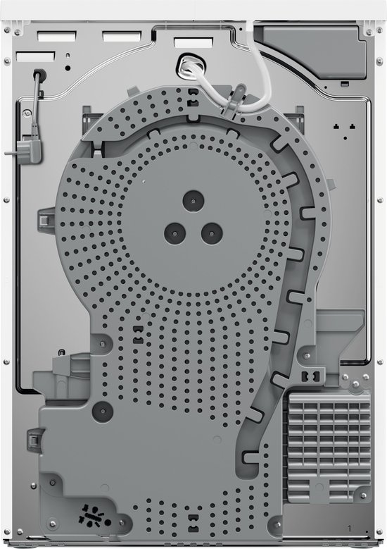 Bovenaanzicht van de onderkant van een witte wasdroger met een cirkelvormig mechanisme met perforaties.