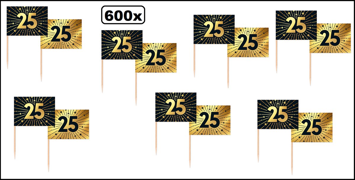 600x Luxe cocktail prikkers 25 zwart/goud - vlagprikkers - Thema feest golden celebrations tapas hapjes feest