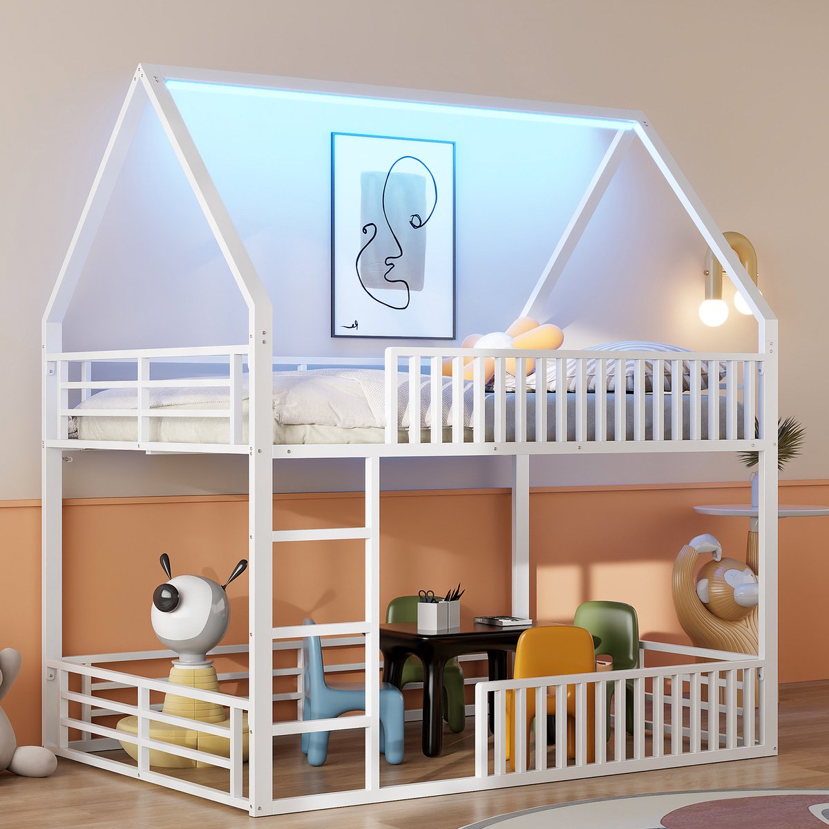Wishdor Huisbed 140 x 200 cm – Magisch Huisvormig Ontwerp met Overkapping – Smeedijzeren H