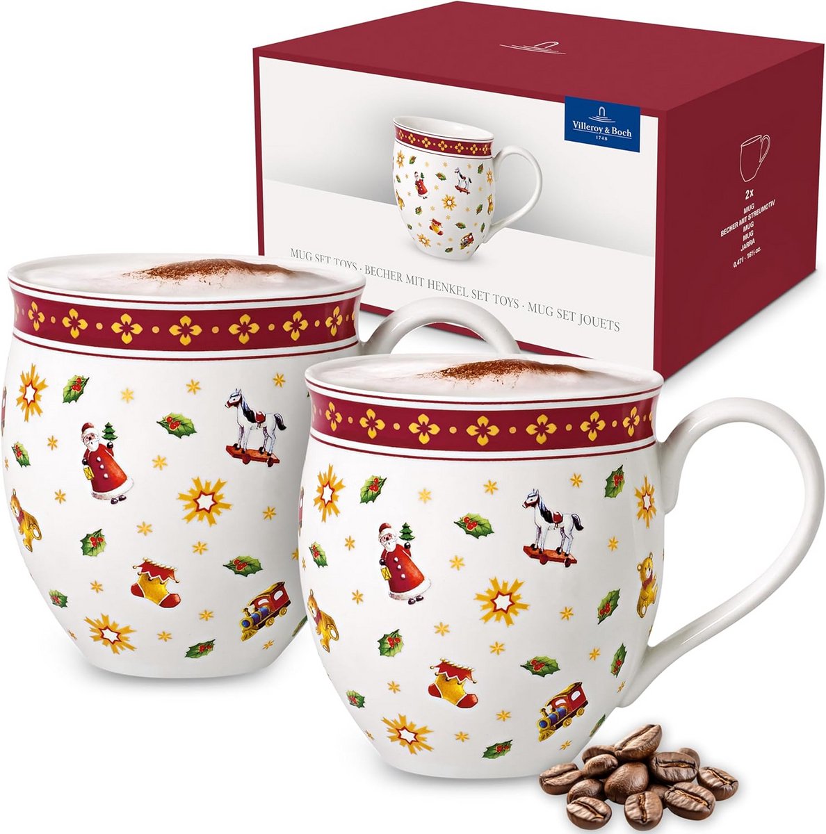 Kerst kopje set met oortjes, 2 stuks, nostalgisch kerstmotief, hoogwaardig porselein